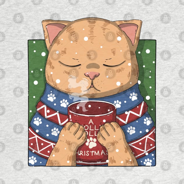 Cute Tabby Cat Drinking Coffee On Christmas by Japanese Neko